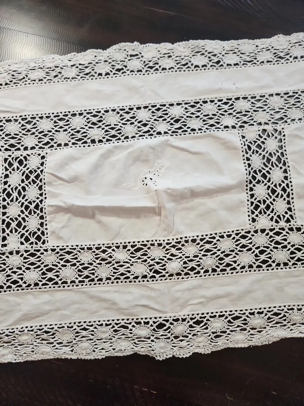 Vintage Handmade Crochet Lace Table Runner White Linen Floral 75x24